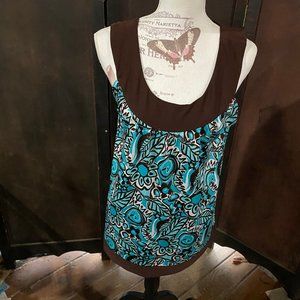 M & E Collection Women's Shirt Sleeveless Teal and Brown Size Large L